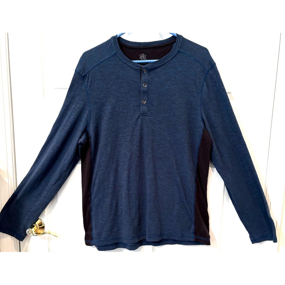 Rock & Republic Men's Long Sleeve Henley Shirt Blue & Black Size Large Comfy EUC